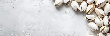Pistachios on bright white surface with ample space for text overlay or copywritingの素材
