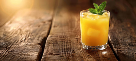 Refreshing apple juice in glass with mint leaves on blurred background, perfect for text placementの素材