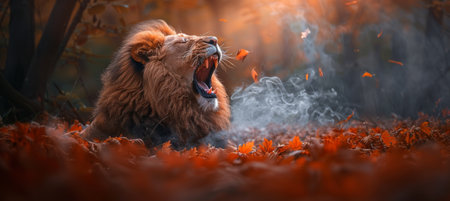 Majestic lion s powerful roar resonating across the vast expanse of the savannah landscapeの素材