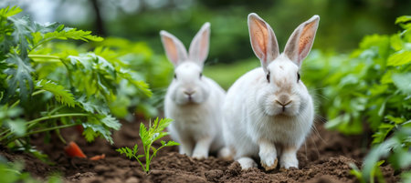 Fluffy white rabbits delighting in fresh carrots amidst a vibrant garden settingの素材