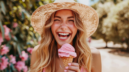 Elderly lady joyfully savoring ice cream in park with space for text on blurred urban backdropの素材