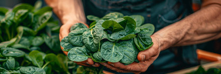 Hand holding fresh spinach leaves on blurred background with copy space for text placementの素材