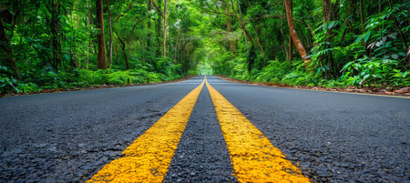 Tranquil forest road  a scenic path through serene natural landscape in the wildernessの素材