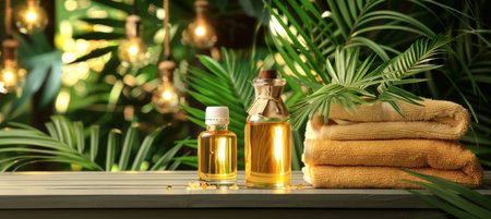 Tranquil spa arrangement with aromatic essential oil displayed on a stylish grey tableの素材