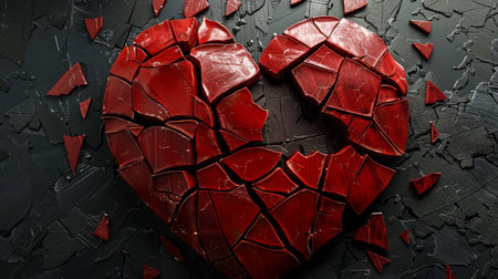 Cracked red heart shape on textured dark wooden background for emotive visual impactの素材