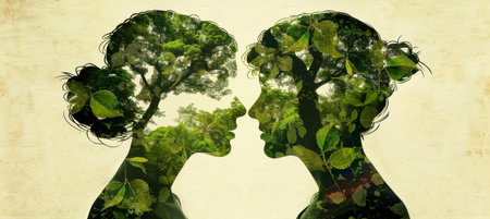 Man and woman double exposure merging with forest landscape, creating captivating fusionの素材