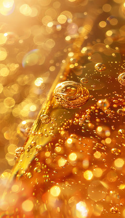 Luxurious golden oil bubbles background with shimmering liquid and golden dropletsの素材