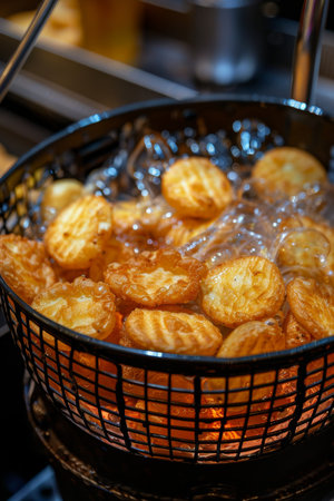 Delicious crispy golden potato chips deep fried to perfection in bubbling seasoned oilの素材