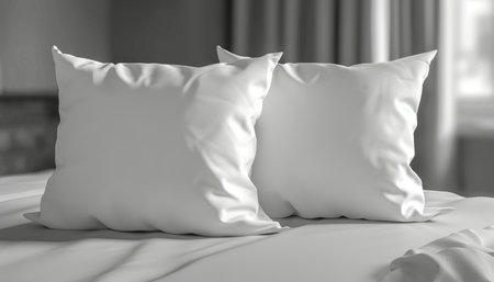 Modern white pillow mockup for bed with aesthetic bedding branding, ideal for custom designsの素材
