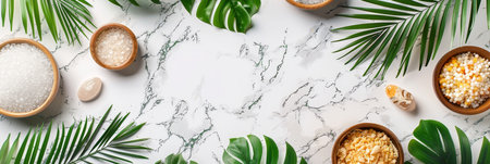 Eco friendly spa accessories still life on white background with ample space for text placementの素材