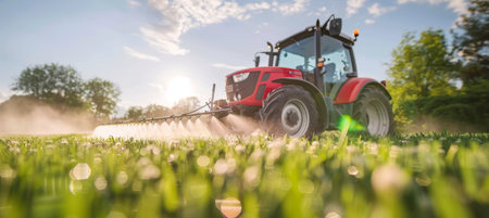 Sunset agriculture  tractor irrigating, harvesting, or spraying with infographic data in fieldの素材