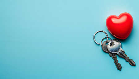 Symbolic representation of heartfelt homeownership with house keys, red heart, and ample text spaceの素材