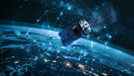 Futuristic communication satellite with holographic data for global online connectivityの素材