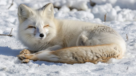 Charming arctic fox   adorable white snow fox playing joyfully in the snowy landscapeの素材