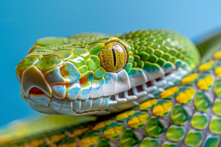 Detailed close up of a mesmerizing emerald snake in the lush tropical rainforestの素材