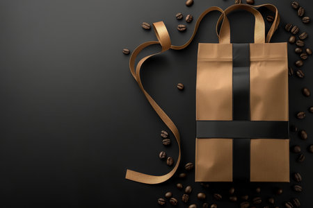 Luxurious coffee brand paper bag mockup with brown packaging and label for dark beansの素材