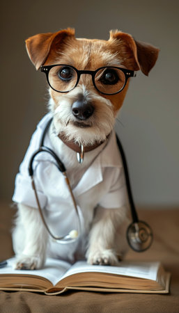 Dog dressed as veterinarian on gentle gradient background for pet healthcare conceptの素材