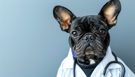 Dog dressed in professional doctor attire on soft gradient background for veterinary conceptの素材
