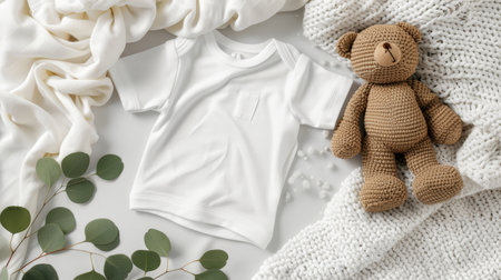 Baby bodysuit mockup with teddy bear and eucalyptus on ivory blanket for design templateの素材