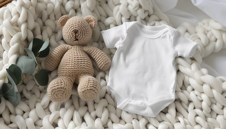 Infant onesie mockup with teddy bear and eucalyptus on ivory blanket throw backgroundの素材