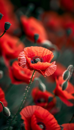 Symbolic red poppies on black  remembrance day, armistice day, anzac day tributeの素材