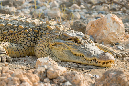 Detailed close up of a fierce wild crocodile in an intense macro photography shotの素材