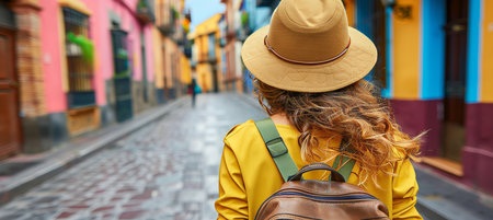 Young female solo traveler sightseeing in spain s historic old town streets on a memorable vacationの素材