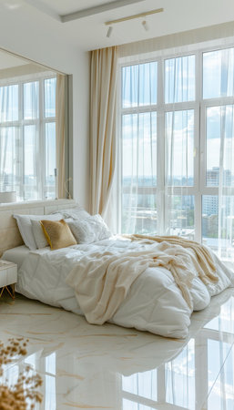 Chic scandinavian studio  light pastel colors, spacious window, living area, kitchen, and bedの素材