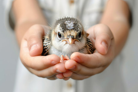 Young girl tenderly holding small bird, promoting animal welfare and protection conceptの素材