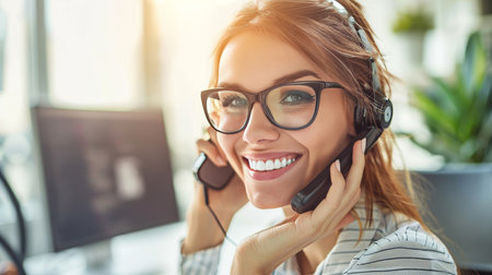 Cheerful businesswoman in office engaged in conversation with colleague over the phoneの素材