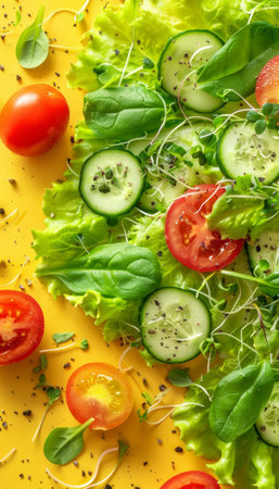 Fresh salad ingredients on yellow background  lettuce, tomato, spinach, cucumber, and sproutsの素材