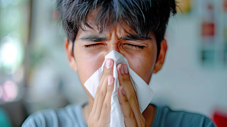Close up shot of man with cold blowing his nose into tissue for flu symptom reliefの素材