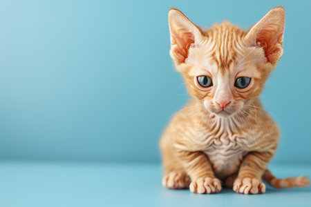 Minimalist portrait of sphynx cat puppy on blue background, precious hairless kitten posingの素材