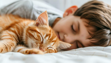 Young man and adorable cat peacefully sleeping in a cozy white bed at their homeの素材
