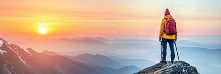 Adventurous group of hikers enjoying a sunset trek in the mountains   outdoor summer journey.の素材