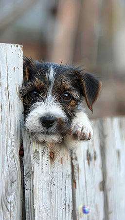 Curious puppy peeking over white wooden surface, cute dog on blurred background with copy spaceの素材