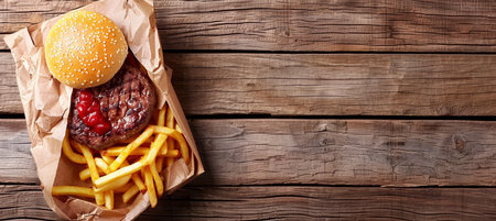 Top view of traditional steak and french fries on wooden table with space for textの素材
