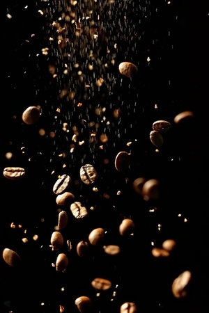 Levitating roasted coffee beans on black background  dynamic movement of flying coffee beansの素材