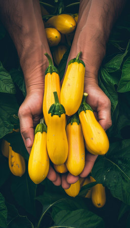 Yellow squash in hand, assorted squashes selection on blurred background with copy spaceの素材