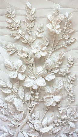 Elegant 3d white floral leaf tiles wall texture background banner for panoramic displayの素材