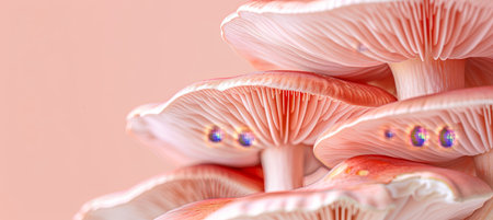Oyster mushroom pleurotus ostreatus displayed on a gentle pastel colored backgroundの素材