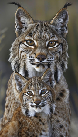 Male bobcat and kitten portrait with text space, object on the right side for balanced compositionの素材