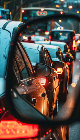Rearview mirror captures evening traffic jam with cars queueing, headlights illuminating the sceneの素材