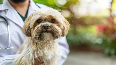 Professional male veterinarian holding a dog in clinical interior with copy space, pet care conceptの素材