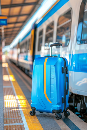Travel suitcase next to train station entrance, packed for a journey and ready for departureの素材