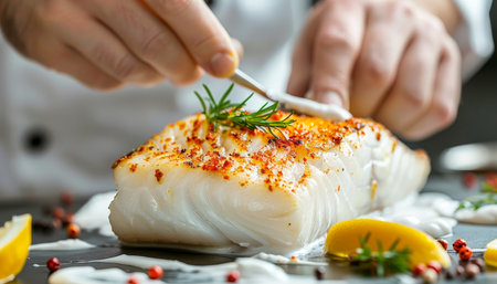 Gourmet chef grilling fish fillet in creamy butter lemon or cajun spicy sauce with herbsの素材