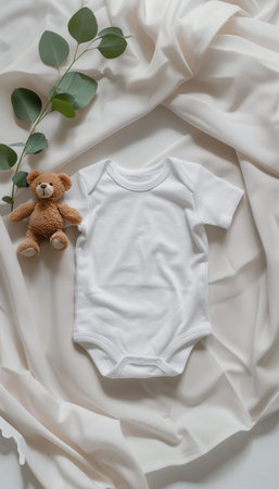 Infant bodysuit mockup featuring adorable teddy bear and eucalyptus on cozy blanket backgroundの素材