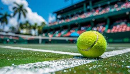 Close up view of meticulously groomed grass tennis court in preparation for upcoming tournamentの素材
