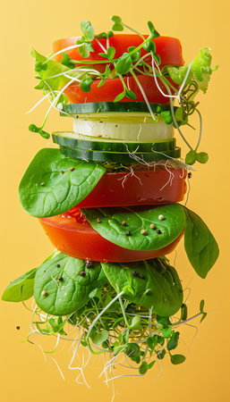 Fresh salad ingredients  lettuce, tomato, spinach, cucumber, green sprouts on yellow backgroundの素材