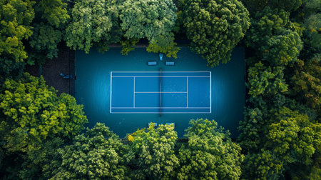 Aerial view of modern tennis court captured by drone for minimalist design enthusiastsの素材
